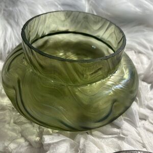 Loetz Kralik Iridescent Green Swirled Art Glass Vase Brass Top Size 3.5”H X 5”W